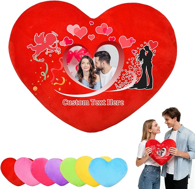 Custom Heart Pillow with Photo Name, Personalized Heart Pillows Decorative Throw Pillows as Valentine Pillow Personalized Gifts for Women Men Kids Family on Valentines Day Anniversary