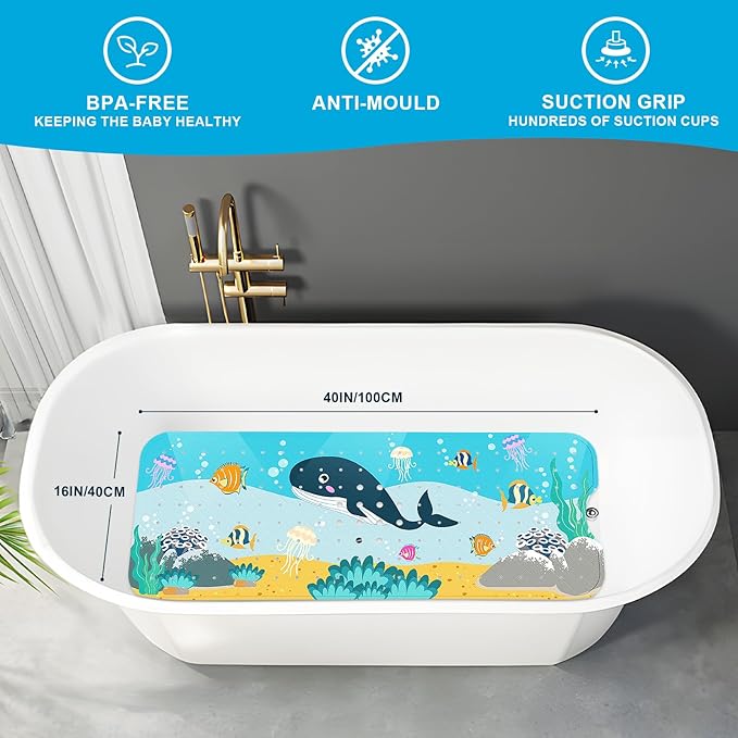 XIYUNTE Baby Bath Mat for Tub Non Slip Kids Bath Mat - 40''x16'' Extra Long Cartoon Bathtub Mat Non Slip Kids Shower Mat Eco-Friendly Toddler Bath Mats with Suction Cups, Machine Washable