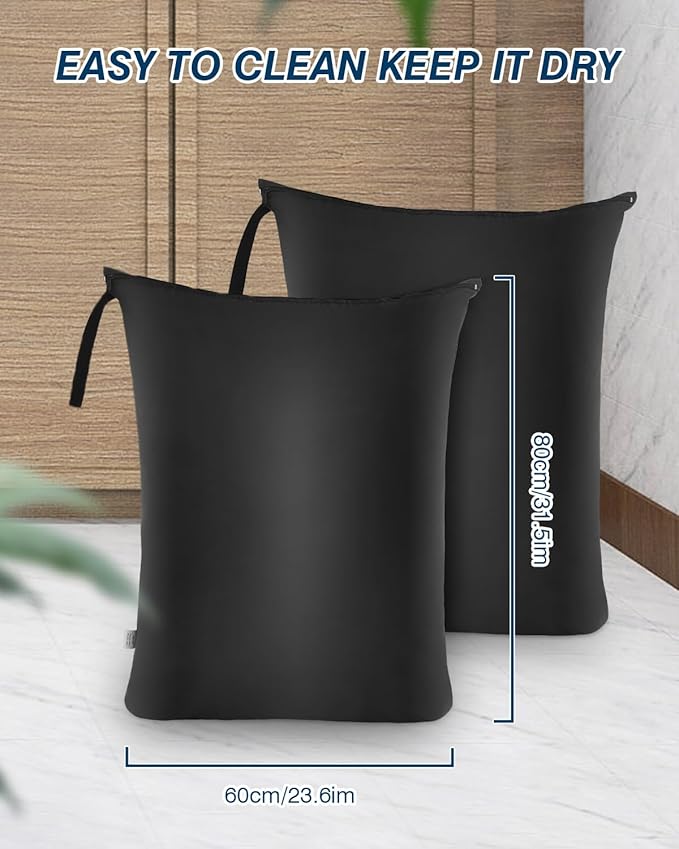 OTraki 2Pcs Large Laundry Bags 24x32 inch Wet Dry Bag Reusable Waterproof Bag with Zipper for Home Travel Hotel Camping Swimsuits, Baby Cloth Diapers Drying Do Not Exceed 176℉ Black