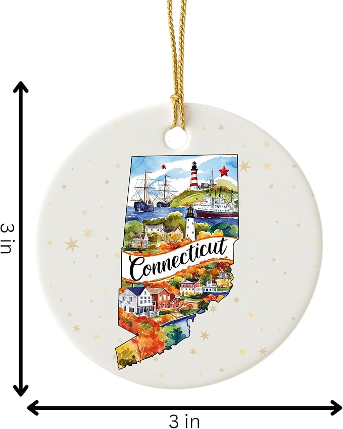 USA State Landmark Ceramic Ornament – Round Glossy Christmas Decoration Featuring U.S. State Art, Landmarks & Holiday Scenery – Collectible Travel Souvenir Ornament Series (Connecticut)