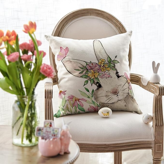AVOIN colorlife Easter Floral Garland Bunny Throw Pillow Cover, 18 x 18 Inch Spring Rabbit Holiday Cushion Case Decoration for Sofa Couch Set of 2