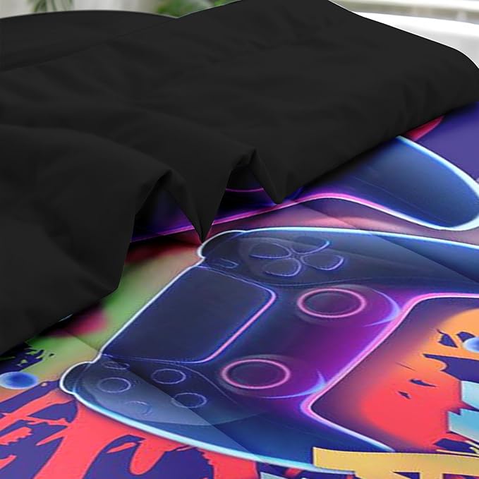 Comforter Set Full Size, Game Graffiti 7 Pcs Bedding for Kids and Adults, Neon Geometric Gaming Bed Sheet Sets with Fitted Sheet 2 Pillowcase & 2 Sham for Bedroom Bed Decor