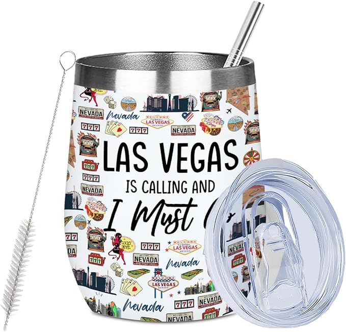 Las Vegas Souvenir Wine Tumbler 12 oz Insulated Wine Glass Cup with Lid Straw Vacuum Insulated Travel Cup,Travel Weekender Gifts for Women Sister Christmas Birthday Halloween Girls Trip Gifts Favors