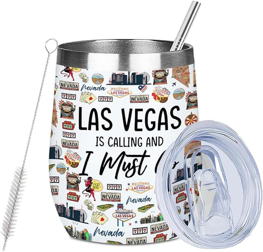 Las Vegas Souvenir Wine Tumbler 12 oz Insulated Wine Glass Cup with Lid Straw Vacuum Insulated Travel Cup,Travel Weekender Gifts for Women Sister Christmas Birthday Halloween Girls Trip Gifts Favors
