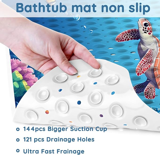 LNOND Bath Mat for Tub, Sea Turtles Bathtub mat Non Slip, Ocean World Bath Mats for Bathroom Non Slip with Drain Holes and Suction Cups,Machine Washable (40 X 16 Inch)