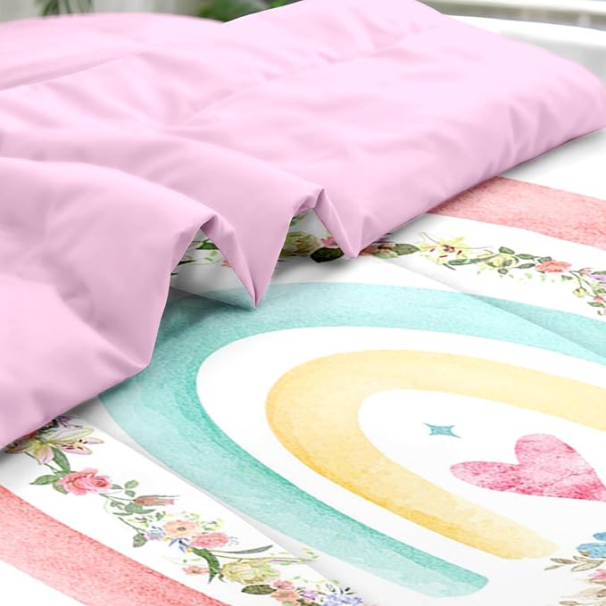 Comforter Set Full Size, Cute Heart Pink Rose 7 Pcs Bedding for Kids and Adults, Rainbow Leaves Vintage Bed Sheet Sets with Fitted Sheet 2 Pillowcases & 2 Shams for Bedroom Bed Decor