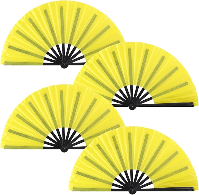 4 Pack Large Folding Hand Fan, Plastic Hand Held Folding Fans Chinese Kung Fu Hand Fan Decorative Folding Fans for Dance, Performance, Festival or Home Decorations(Yellow)