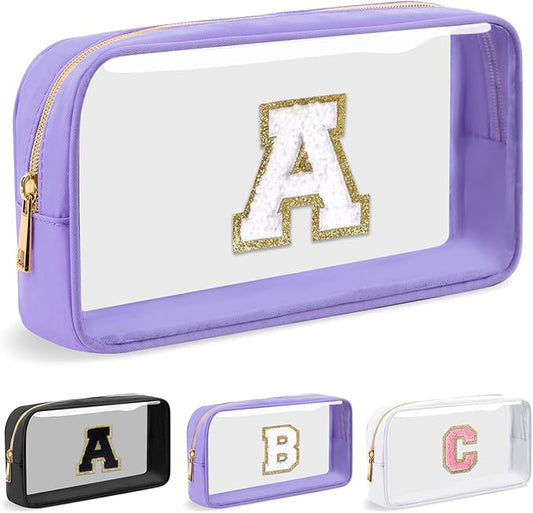 Personalized Initial Letter Clear Makeup Bag,Preppy Small Nylon&PVC Cosmetic Zipper Bag with Chenille Letter,Travel Skincare Toiletry Bag,Monogram Christmas Gift for Teen Girls Women,A