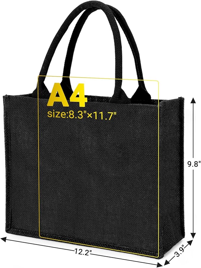 Segarty Tote Bags, 6 Pack Medium Black Burlap Jute Reusable Canvas Gift Favors Bag with Handles Blank Tote Bulk for Bridesmaid Wedding, Women Market Grocery Shopping, Bachelorette Party, Beach Trip