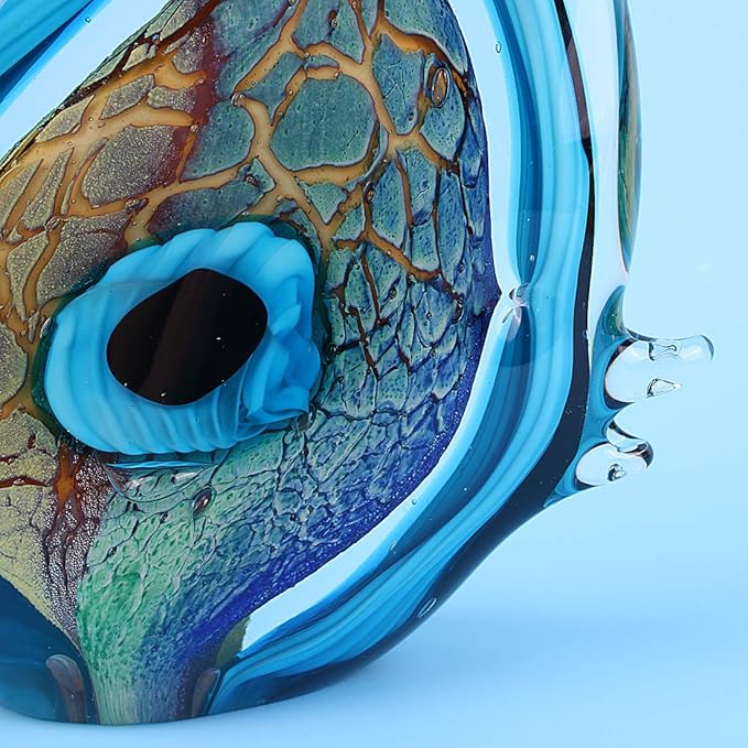 Hophen Tropical Angel Fish Art Glass Blown Handmade Sea Animal Figurine Sculpture Home Decor Collectible Statue Paper Weight Gift Ornament (Big Blue)