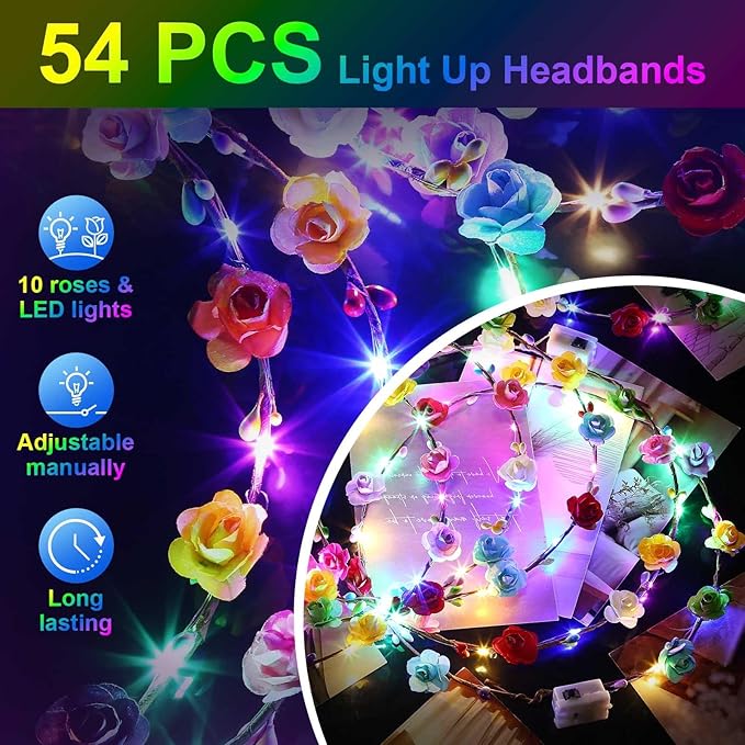 Valentines Day Gifts, 54 PCS New Year LED Flower Crowns Headbands, Light Up Flower Crowns For Women, Glow in the Dark Headband for Wedding Reception Mardi Gras Cosplay Princess Party Favors