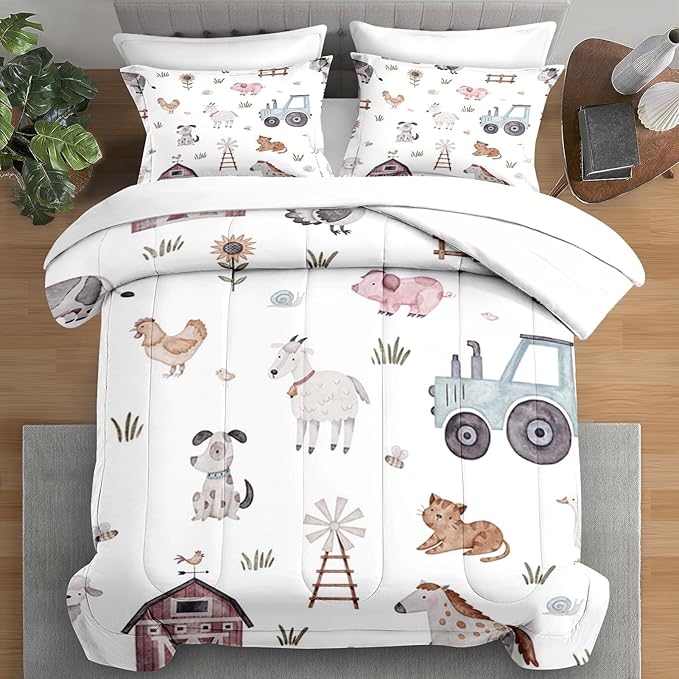Comforter Set Full Size, Farm Animal 7 Pcs Bedding for Kids and Adults, Cute Tractor Bed Sheet Sets with Fitted Sheet 2 Pillowcases & 2 Shams for Bedroom Bed Decor