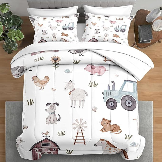 Comforter Set King Size, Farm Animal Cow 7 Pcs Bedding for Kids and Adults, Autumn Cute Tractor Bed Sheet Sets with Fitted Sheet 2 Pillowcases & 2 Shams for Bedroom Bed Decor