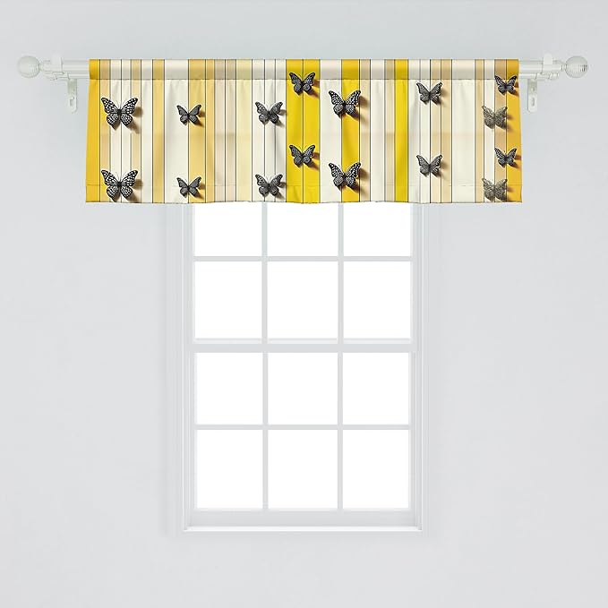 Ambesonne Butterfly Window Valance Pack of 2, Summer Tone Lines Wingy Animals with Faded Effect Print Country Vibe, Rod Pocket Curtain Valances Kitchen Bedroom, 42" X 18",Yellow Reseda Green Beige