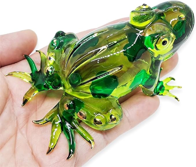 WitnyStore Tiny 3⅝" Green Patched Frog Figurine - Miniature Hand Blown Painted Glass Poison Dart Frogs Toad Amphibian Animals Colorful Small Crystal Replica Decorative Collectible Figures Décor Gifts