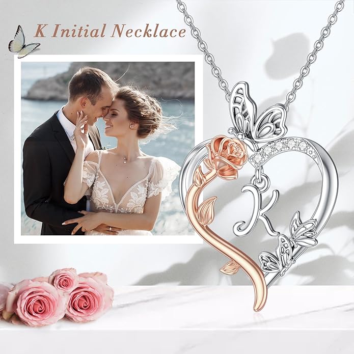TOUPOP Rose Heart Necklaces Gifts for Women 925 Sterling Silver Butterfly Heart Initial Necklace Anniversary Valentines Day Birthday Jewelry Gifts for Mom Her Wife Girlfriend Daughter