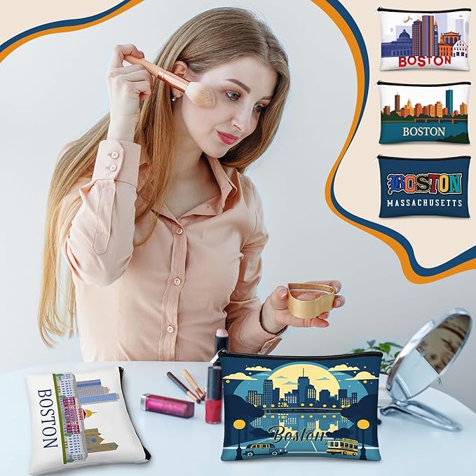 Reginary 12 Pcs City Souvenir Gifts Texas State Gifts Chicago City Souvenirs California Makeup Bag Paris San Francisco Alaska Zippered Cosmetic Bag for Women Traveler Souvenirs (Boston)