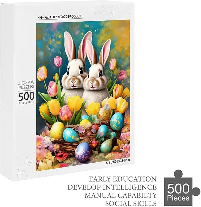 Wooden Puzzle - Easter Tulips Bunny Jigsaw Puzzles，Wooden Puzzles for Adults 500 Pieces Unique Gifts for Wall Art，Challenge Puzzles，Educational Games，Family Puzzles