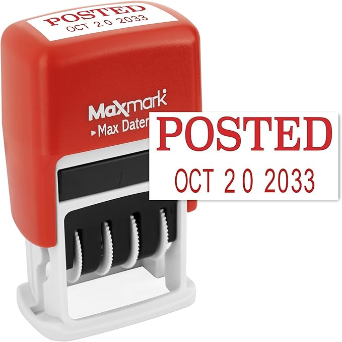 MaxMark Self-Inking Rubber Date Office Stamp with Posted Phrase & Date - RED Ink (Max Dater II), 12-Year Band