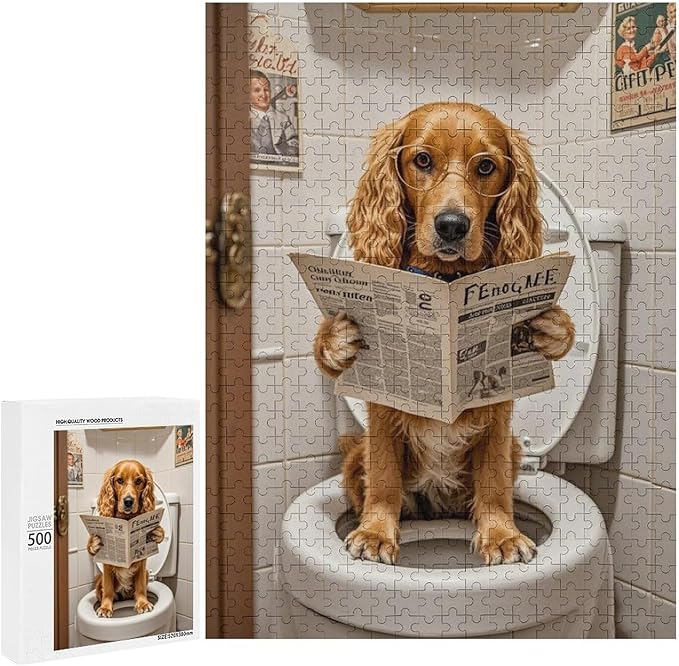 Funny Wooden Puzzle - Goldendoodle on Toilet Reading Newspaper Puzzle for Adult 500 Piece，Wooden Jigsaw Puzzles Art Leisure Game Fun Suitable Family Friends Educational Learning Games Gift