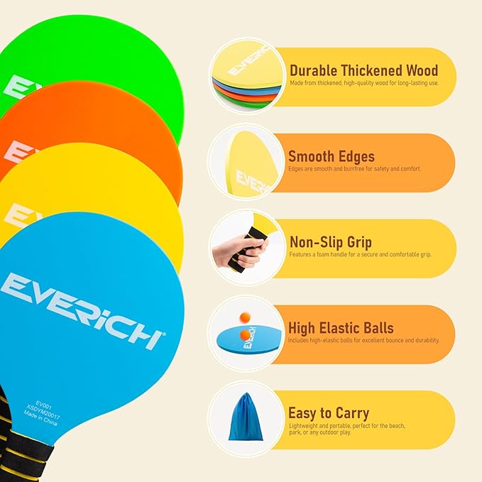 EVERICH TOY Paddle Ball Set – Indoor & Outdoor Racket Game for Kids, Teens, and Adults, Badminton & Camping Games Essentials, Fun for Beach, Yard, and Lawn Play All Year Round