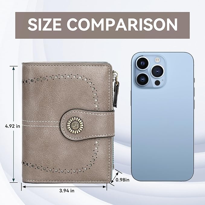 Women's Small Genuine Leather Bifold Wallet Large Capacity RFID Blocking with 16 Card Slots 2 ID Windows and Zipper Coin Pocket Pink (Grey)