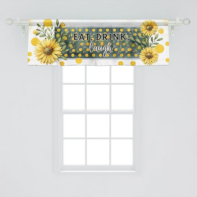 Ambesonne Eat Drink Laugh Window Valance Pack of 2, Farmhouse Art Sunflower with Orangish Dots and Leaves Greenery, Rod Pocket Curtain Valances Kitchen Bedroom, 54" X 18",Mustard and Hunter Green