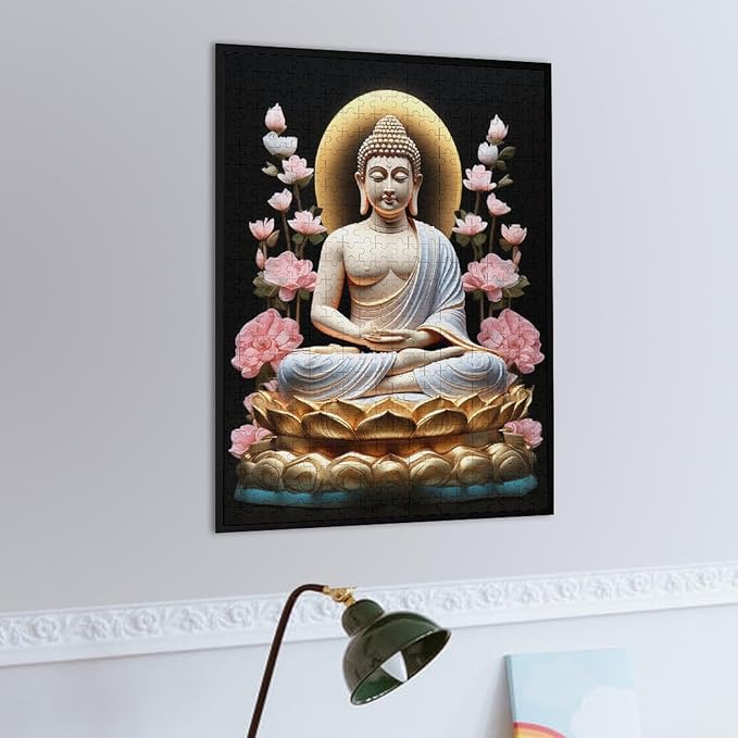 Buddha in A Golden Lotus Flower Wooden Puzzle 500 Pieces Jigsaw Puzzles for Adults Puzzle Educational Toys Challenging Fun Games Gifts for Elders Kids Family and Friends