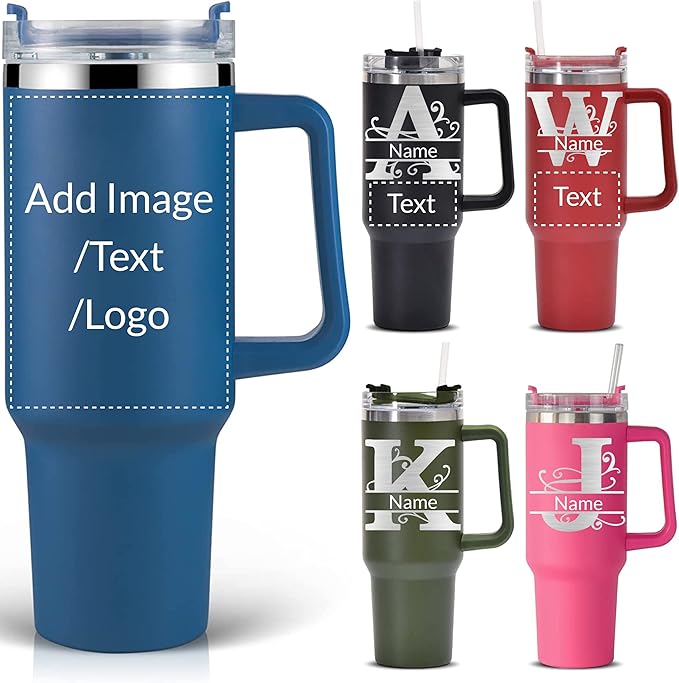 Personalized Tumbler With Handle-Custom 40oz Travel Cup With Lid And Straw-Laser Engraved With Name,Logo,Text,Image-Personalized Gifts For Mom,Dad,Birthday