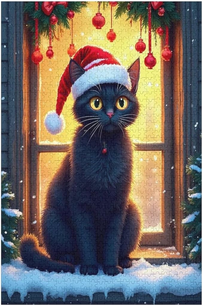 Jigsaw Puzzles for Adults 1000 Piece - Christmas Black Cat Wooden Puzzles, Funny Puzzles，Unique Gifts for Wall Art，Family Puzzles，Educational Games，Challenge Puzzles