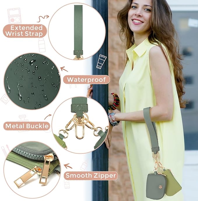 Dual Pouch Wristlet Keychain Wallets for Women with 2 Detachable Zipper Coin Purse - Small and Portable Mini Card Wallet for Women Men Gold Hardware Green+Dark Green