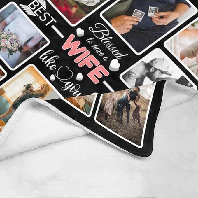 Custom Blanket Gifts with Photos, Personalized Bed Throws for Best Wife, Custom Souvenir Throw Blanket, 8 Collages Made in USA