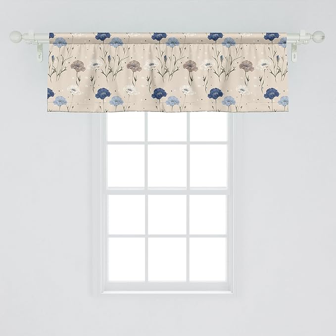 Ambesonne Garden Window Valance Pack of 2, Floral Melancholy Blooming Poppy Flowers with Leaves on Dotted Back, Rod Pocket Curtain Valances for Kitchen Bedroom, 54" X 18", Beige Night Blue Dark Tan