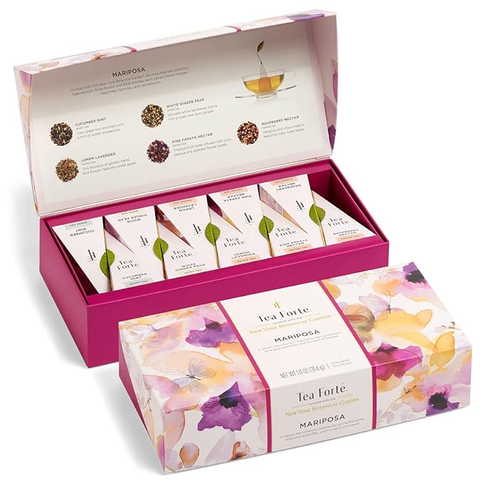 Tea Forte Premium Petite Presentation Box Gift Set Sampler, 10 Count, 2 of Each Blend Individually Wrapped Handcrafted Pyramid Infuser Bags, Mariposa Tea
