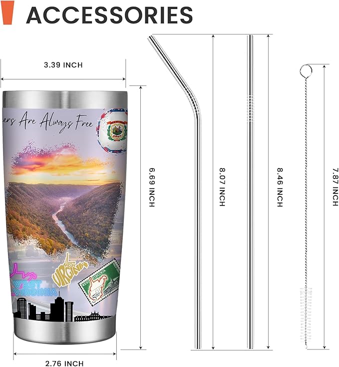 20oz Insulated Tumbler West Virginia State Coffee Mug, United States Map Travel Mug Landmark, Birthday Gifts Cute Custom Tumbler Cups with Lid and Straw Gifts for Mom