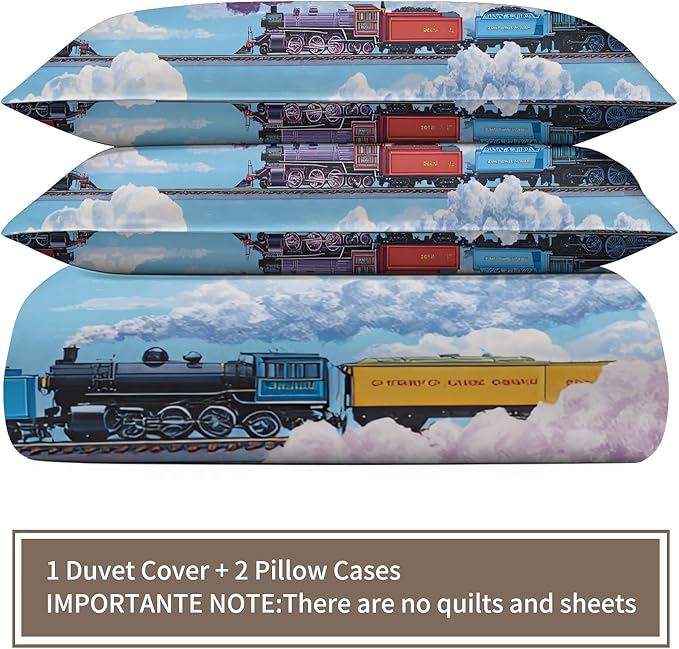 Vintage Steam Train Duvet Cover California King Colorful Cartoon Train Bedding Set Cloud Railway Comforter Set Railway-Themed Duvet Cover with Zipper Ties for Bedroom