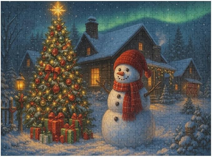 Christmas Tree Snowman 500-Piece Wooden Jigsaw Puzzle, Holiday Puzzle, Snowman and Christmas Tree Scene, Relaxing Indoor Activity, Family Fun, Mindful Leisure