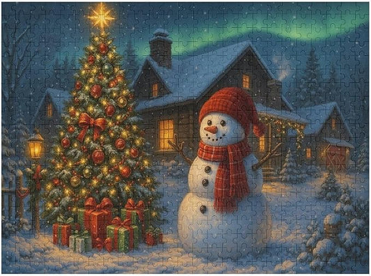 Christmas Tree Snowman 1000-Piece Wooden Jigsaw Puzzle, Holiday Puzzle, Snowman and Christmas Tree Scene, Relaxing Indoor Activity, Family Fun, Mindful Leisure