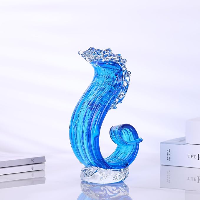 LCCCK Blue Glass Beach House Decor, Hand Blown Ocean Wave Decorate, Tall Blue Glass Sculpture Home Decor, Ocean Wave Fused Art Figurines, for Sea Art Beach Coastal Nautical Office Surfers Gifts