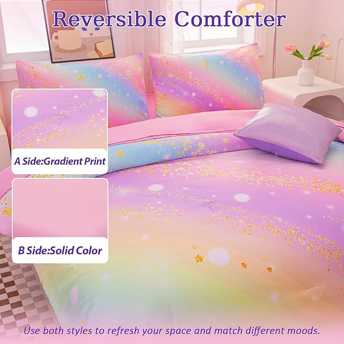 Rainbow Bedding Set Full Size – 6-Piece Reversible Girls Comforter with Deep-Pocket Sheet, Gradient Galaxy Design, Whole-Piece Filling, Machine Washable Bed-in-a-Bag for Kids Room Makeover & Gifts