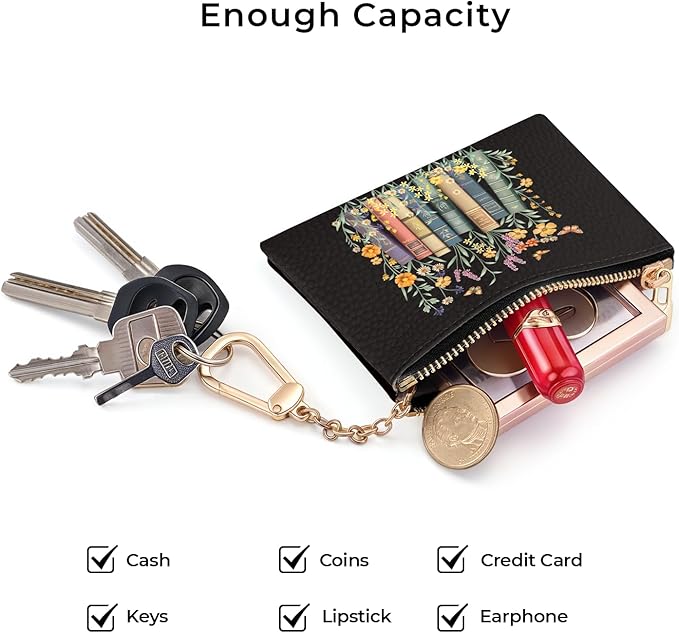 Book and Flower Keychain Coin Purse for Women, Small PU Leather Change Pouch, Zipper Little Tiny Travel Wallet for Girls, Cute Kawaii Zip Pocket Coin Holder with Key Ring