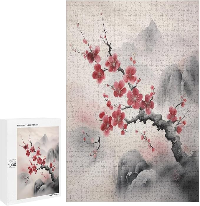 Red Plum Blossom Wooden Puzzle 1000 Pieces Jigsaw Puzzles for Adults Puzzle Educational Toys Challenging Fun Games Gifts for Elders Kids Family and Friends