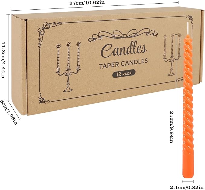 12 Pack 10 Inch Spiral Taper Candle Set, Unscented Dripless Candlesticks for Dinner,Party Brithday Wedding,Halloween and Home Decoration（Orange ）