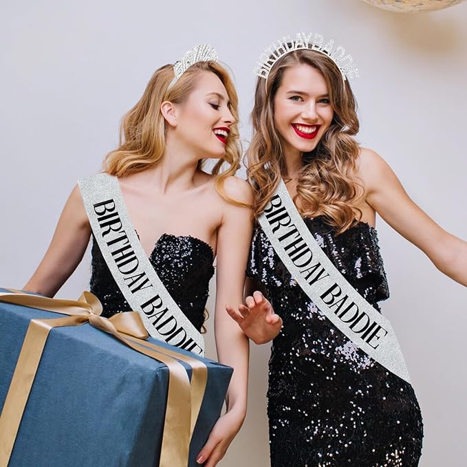 Aprince Birthday Baddie Sash and Tiara Crown for Women Girls Silver Happy Birthday Headband Accessiores Party Decorations