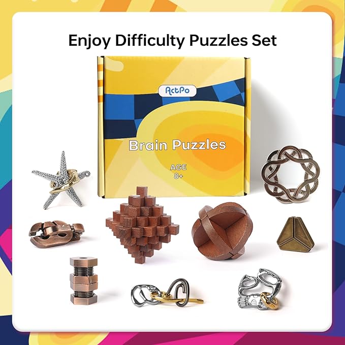 9pcs Retro Wooden and Metal Puzzles Bulk Gift for Kids, Teens, and Adults Unlock Interlock Brain Teasers Toys Game.