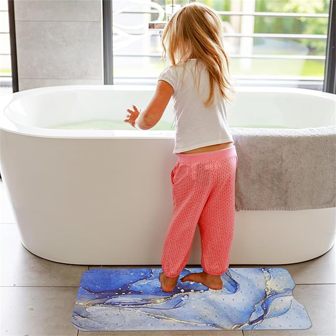 Blue Bathtub Mat Non Slip Marble Gold Line Extra Long Bath Mat for Tub Abstract Art Anti Slip Shower Mat for Bathroom with Large Drain Holes and Suction Cups Quality Bath Mats and Bathtub Decor 40x16