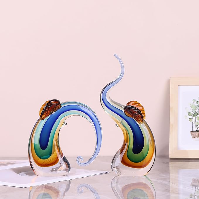 suruim Hand Blown Murano Glass Elephant Statues Set - Luxury Sculptures Home Decor for Living Room & Office Art Glass Ornament Animal Collectible (Blue)