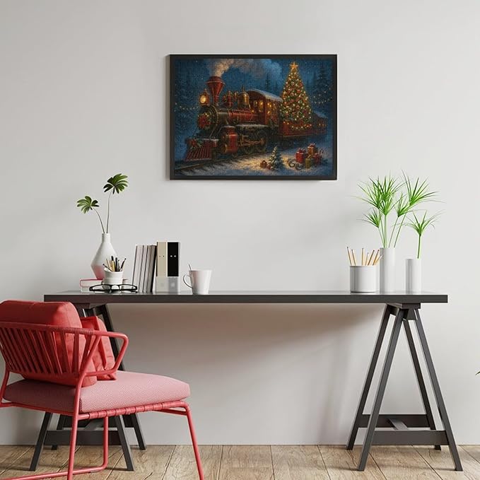Christmas Train and Tree 1000-Piece Wooden Jigsaw Puzzle, Festive Holiday Train Scene, Cozy Family Fun, Indoor Relaxation and Mindful Leisure Gift