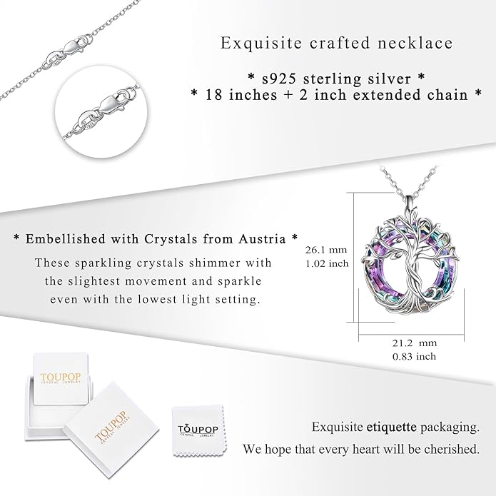 TOUPOP Tree of Life Necklace 925 Sterling Silver Family Tree Pendant Austrian Crystal Jewelry Valentines Day Birthday Gifts for Women Mom Wife Her