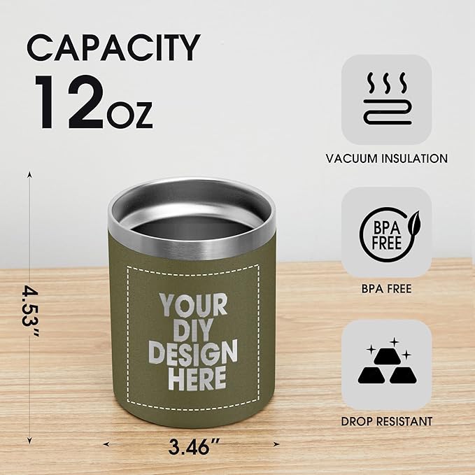 Personalized Custom Tumbler Print in USA 12oz Stainless Steel Travel Coffee Cup with Lid & Straw Double Wall Insulated Mug With Colorful Text Logo Photo